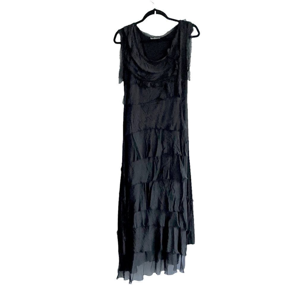MADE IN ITALY Silk Sleeveless Layered Tiered Maxi Dress Black XS